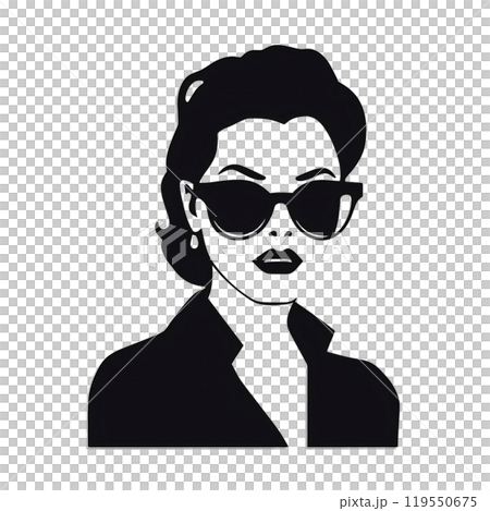Black silhouette, tattoo of a woman with glasses on white isolated background. Vector. 119550675