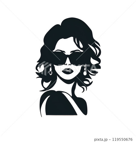 Black silhouette, tattoo of a woman with glasses on white isolated background. Vector. Black silhouette, tattoo of a woman with glasses on white isolated background. Vector. 119550676