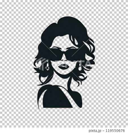 Black silhouette, tattoo of a woman with glasses on white isolated background. Vector. Black silhouette, tattoo of a woman with glasses on white isolated background. Vector. 119550676