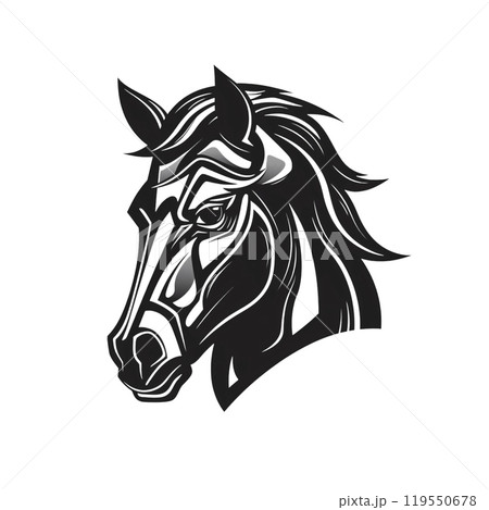 Black silhouette, tattoo of a horse head on white isolated background. Vector. 119550678