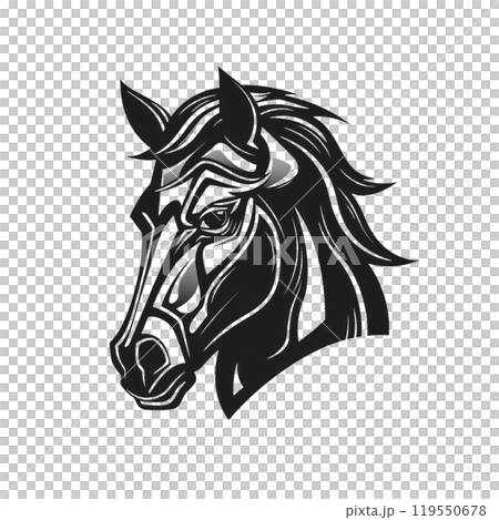 Black silhouette, tattoo of a horse head on white isolated background. Vector. 119550678