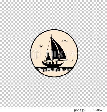 Black silhouette, tattoo of a boat, sailboat on white isolated background. Vector. 119550679