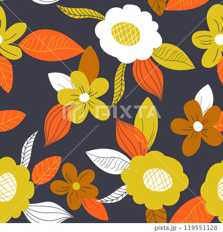 Seamless floral pattern based on traditional folk art ornaments. Colorful flowers on color background. Scandinavian style. Sweden nordic style. Vector illustration. Simple minimalistic pattern 119551128