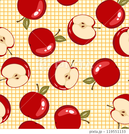 Seamless pattern with apple on color background. Natural delicious fresh ripe tasty fruit. Vector illustration for print, fabric, textile, banner, design. Stylized apples with leaves. Food concept Seamless pattern with apple on color background. Natural delicious fresh ripe tasty fruit. Vector illustration for print, fabric, textile, banner, design. Stylized apples with leaves. Food concept 119551133