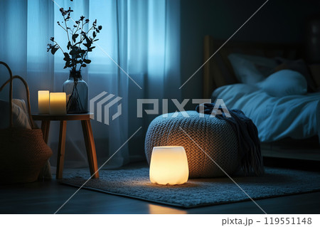 Cozy bedroom ambiance with soft lighting, greenery, and a serene atmosphere during the evening hours Cozy bedroom ambiance with soft lighting, greenery, and a serene atmosphere during the evening hours 119551148