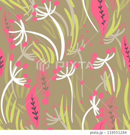 Seamless floral pattern based on traditional folk art ornaments. Colorful flowers on color background. Scandinavian style. Sweden nordic style. Vector illustration. Simple minimalistic pattern 119551284