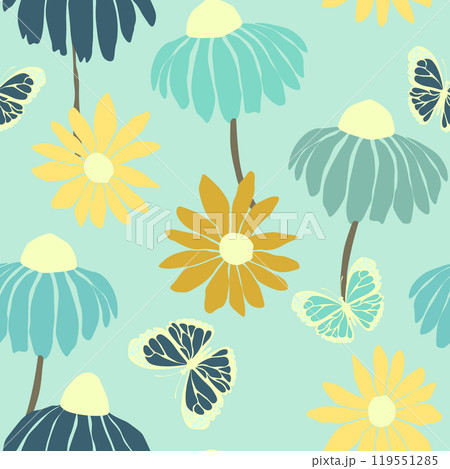 Seamless floral pattern based on traditional folk art ornaments. Colorful flowers on color background. Scandinavian style. Sweden nordic style. Vector illustration. Simple minimalistic pattern 119551285