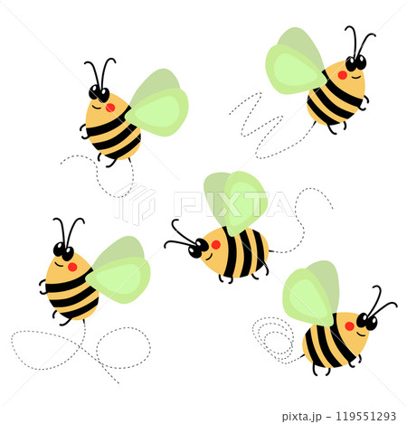 Cartoon bee mascot. A small bees flies. Wasp collection. Vector characters. Incest icon. Template design for invitation, cards. Doodle style Cartoon bee mascot. A small bees flies. Wasp collection. Vector characters. Incest icon. Template design for invitation, cards. Doodle style 119551293