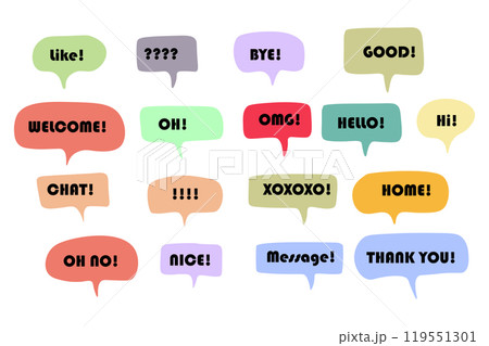 Set of color speech bubbles Short Phrases. Cartoon Vector illustration. Isolated on transparent white background. Hand draw style, dialog clouds 119551301