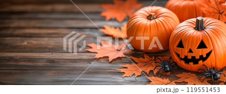 Halloween background jack o lantern pumpkins and spiders on old wooden table. AI-generated item 119551453