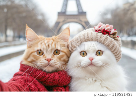 Happy couple in love, a male cat and a female cat take a selfie against the backdrop of the Eiffel Tower. AI-generated item  119551455