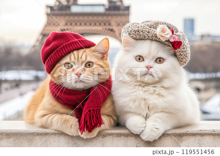 Happy couple in love, a male cat and a female cat take a selfie against the backdrop of the Eiffel Tower. AI-generated item  119551456