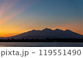 A dusk afterglow over a highland lake with mountains in the background 119551490