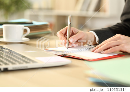 Entrepreneur hands writing on agenda at home 119551514