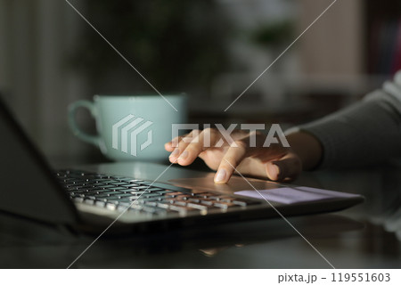 Girl using laptop on a desk at home in the night 119551603