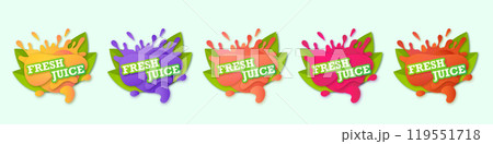 Juice fresh fruit set label icon. Orange, blueberry, peach, raspberry, strawberry concept. Design sticker. Vector illustration. 119551718