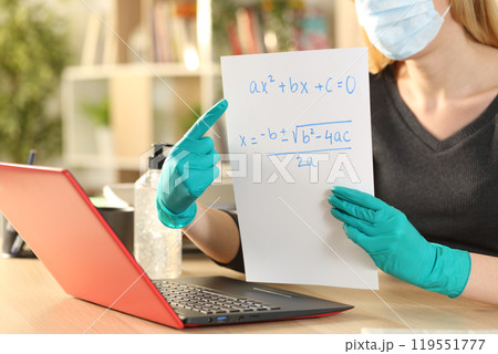 Teacher hands teaching online course on coronavirus confinement 119551777