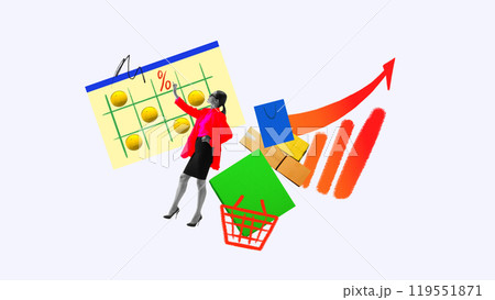Contemporary art collage. Woman, analytic, points at calendar with percentages, surrounded by shopping bags and coins. Discount offers, market forecasting. Contemporary art collage. Woman, analytic, points at calendar with percentages, surrounded by shopping bags and coins. Discount offers, market forecasting. 119551871