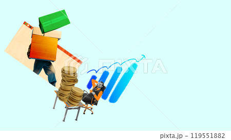 Contemporary art collage. Young man, looks confident, surrounded by stacked coins and boxes, relaxed by graph. 119551882