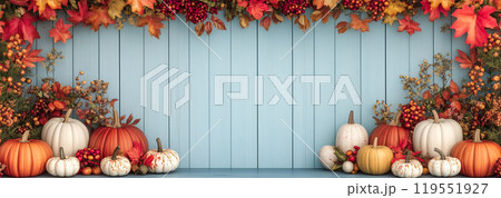 Autumn thanksgiving day decoration with pumpkins, berries on a old blue wooden background.  AI-generated item 119551927
