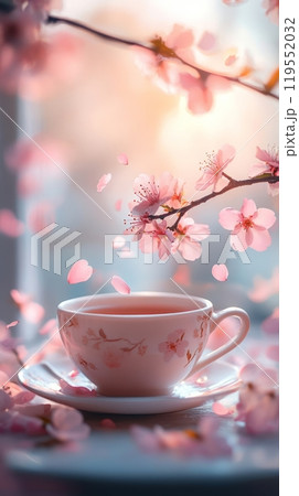In this enchanting scene, a vintage teacup basks in golden sunlight as sakura petals cascade gently, highlighting the beauty of spring and delicate floral details In this enchanting scene, a vintage teacup basks in golden sunlight as sakura petals cascade gently, highlighting the beauty of spring and delicate floral details 119552032