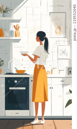 This minimalist graphic design features a woman cooking in a sleek kitchen, emphasizing a modern aesthetic with simple colors and stylish kitchenware This minimalist graphic design features a woman cooking in a sleek kitchen, emphasizing a modern aesthetic with simple colors and stylish kitchenware 119552040