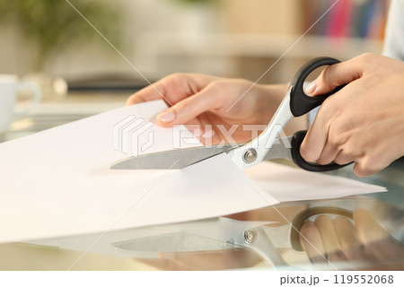 Woman hands with scissors cutting paper on a desk 119552068