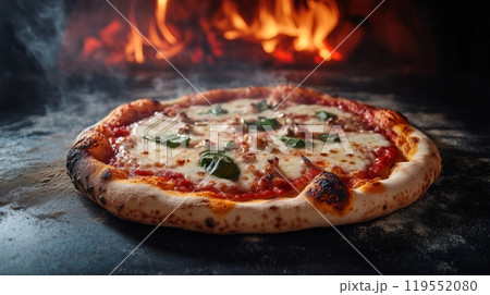 A rustic Italian wood-fired margherita pizza features bubbling cheese and a perfectly charred crust, showcasing the traditional craftsmanship of Italian cuisine A rustic Italian wood-fired margherita pizza features bubbling cheese and a perfectly charred crust, showcasing the traditional craftsmanship of Italian cuisine 119552080