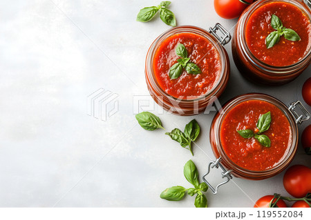 Fresh homemade tomato sauce with basil garnishing in glass jars placed next to ripe tomatoes on a Fresh homemade tomato sauce with basil garnishing in glass jars placed next to ripe tomatoes on a 119552084