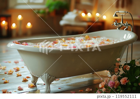 An overflowing vintage bathtub with bubbles and petals, set in a nostalgic, peaceful candlelit room, capturing a romantic and serene ambiance 119552111