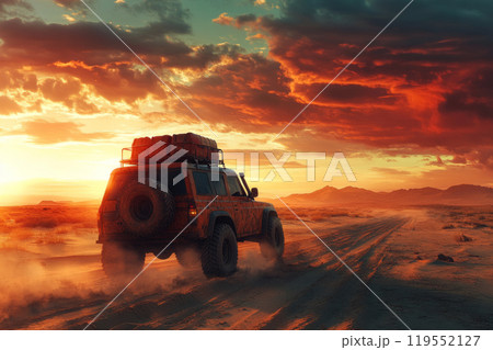 An off-road vehicle with luggage on the roof crosses a vast desert landscape, kicking up dust trails under the scorching sun with dramatic clouds rolling in the sky 119552127
