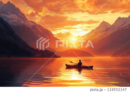 A man kayaks across a calm mountain lake at sunset, where golden light bathes the water, reflecting the distant mountains with snowy tops, creating a serene landscape 119552147
