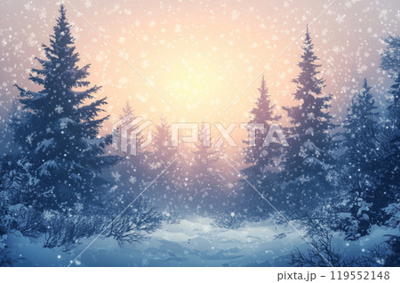Gentle snowfall on a blurred background of a snowy pine forest, creating a peaceful and serene winter scene 119552148