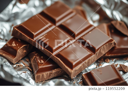 Delicious dark chocolate pieces on aluminum foil ready to be enjoyed as a sweet treat during an 119552209