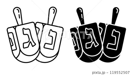 Linear icon. Hanukkah Jewish symbolic wooden toys with letters of alphabet for turning. Simple black and white vector isolated on white background Linear icon. Hanukkah Jewish symbolic wooden toys with letters of alphabet for turning. Simple black and white vector isolated on white background 119552507