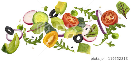 Vegetable salad leaves mix isolated on white background with clipping path 119552818