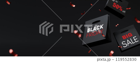 Black Friday Big Sale Shopping Bags with Confetti 3D Render Black Friday Big Sale Shopping Bags with Confetti 3D Render 119552830