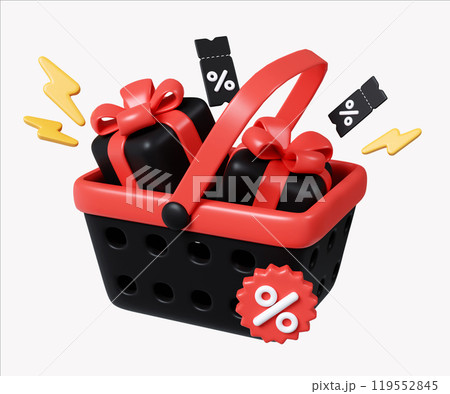 Black Friday Shopping Basket with Gifts and Discounts 3D Render 119552845