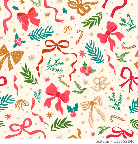 Christmas coquette seamless pattern with pink bow, ribbons fir branches, stars. Vector winter holiday print 119552846