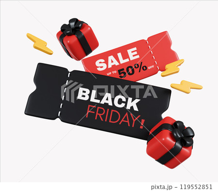 Black Friday Sale Tags with Gifts and Discounts 3D Render 119552851