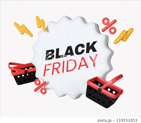 Black Friday Shopping Baskets and Discounts Icon 3D Render 119552853