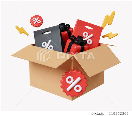 Black Friday Shipping Box with Discounts and Gifts 3D Render Black Friday Shipping Box with Discounts and Gifts 3D Render 119552865