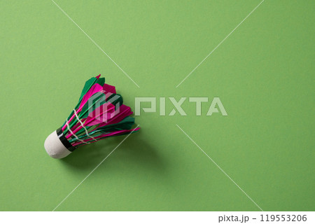 Colorful badminton feather shuttlecock on green background. Concept racket sport. Leisure games. View from above. 119553206