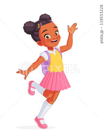 Happy African-American girl waving her hand and hopping on her way to school. Cartoon vector illustration. Happy African-American girl waving her hand and hopping on her way to school. Cartoon vector illustration. 119553228