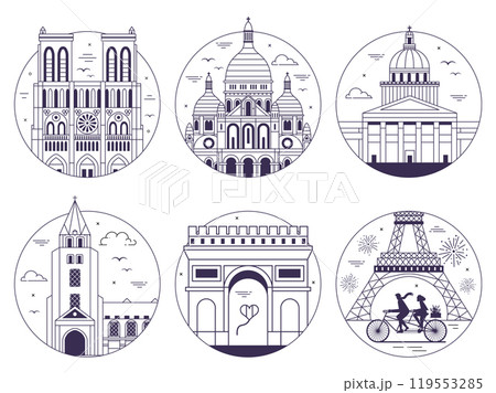 Paris Monuments and Landmarks Line Travel Icons Paris Monuments and Landmarks Line Travel Icons 119553285