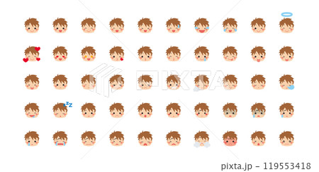 可愛い小さな男の子の絵文字イラスト　アイコン　顔　表情　白背景　ベクター　セット　バリエーション 119553418
