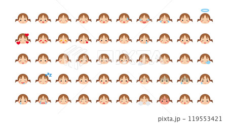 可愛い小さな女の子の絵文字イラスト　アイコン　顔　表情　白背景　ベクター　セット　バリエーション 119553421
