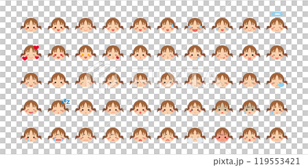 可愛い小さな女の子の絵文字イラスト　アイコン　顔　表情　白背景　ベクター　セット　バリエーション 119553421