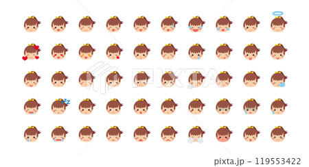 可愛い小さな女の子の絵文字イラスト　アイコン　顔　表情　白背景　ベクター　セット　バリエーション 119553422