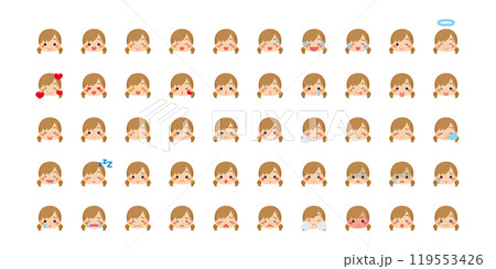可愛い小さな女の子の絵文字イラスト　アイコン　顔　表情　白背景　ベクター　セット　バリエーション 119553426